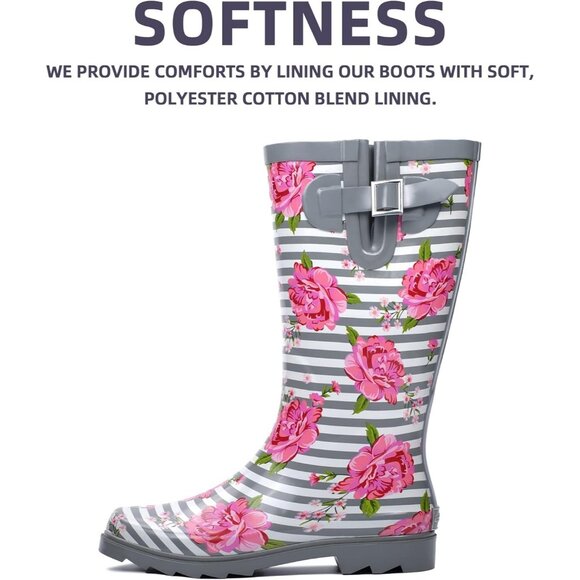 Women's Pink Rose Waterproof Tall Knee High Rubber landchief Rain Boot - Picture 4 of 6